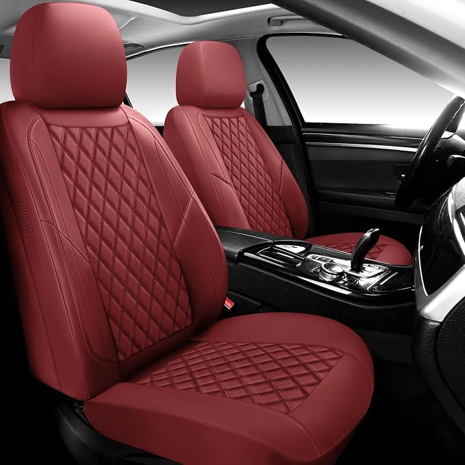 Premium Leather Car Seat Covers Front Pair,Universal Fit for Cars,Trucks&SUVs,Waterproof Car Seat Cushion,Full Coverage Car Seat Protector with 2 Seats,Wine Red