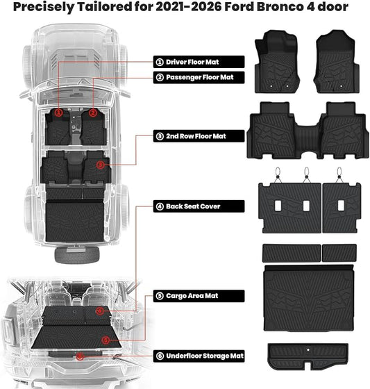 LASFIT Floor Mats & Cargo Liner Set for Ford Bronco 4-Door 2021-2026, Full Covrage Floor Liners + Cargo Mat + Backrest Mats + Underfloor Storage Mat, Heavy Duty All Weather TPE Interior Protection