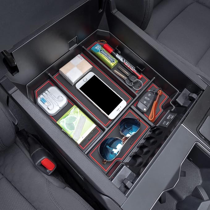 JDMCAR Center Console Organizer Compatible with 2022 2023 2024 2025 2026 Toyota Tundra Accessories and 2023-2026 toyota sequoia Armrest Secondary Storage Box ABS Material with Non-Slip Mats (Red Trim)