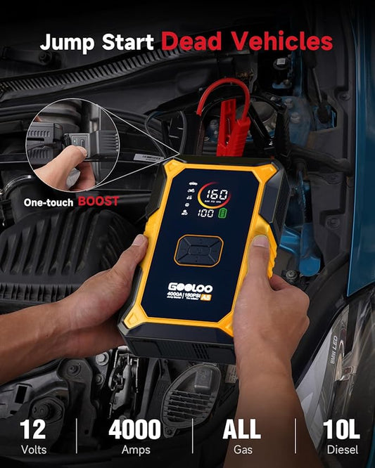 GOOLOO A5 Car Jump Starter with Air Compressor, 4000A Portable Car Jump Starter (All Gas/10.0L Diesel) with 160PSI Auto-Off Tire Inflator, 45W PD Fast Charging,12V Battery Jumper Starter Portable