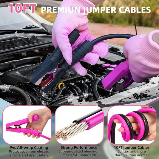 Roadside Car Emergency Kit for Vehicles, 12PCS Pink Car Safety Kit with Jumper Cables, Tool kit, Tow Strap, Road Trip Essentials, Survival Kit for Men, Women, New Driver Gifts