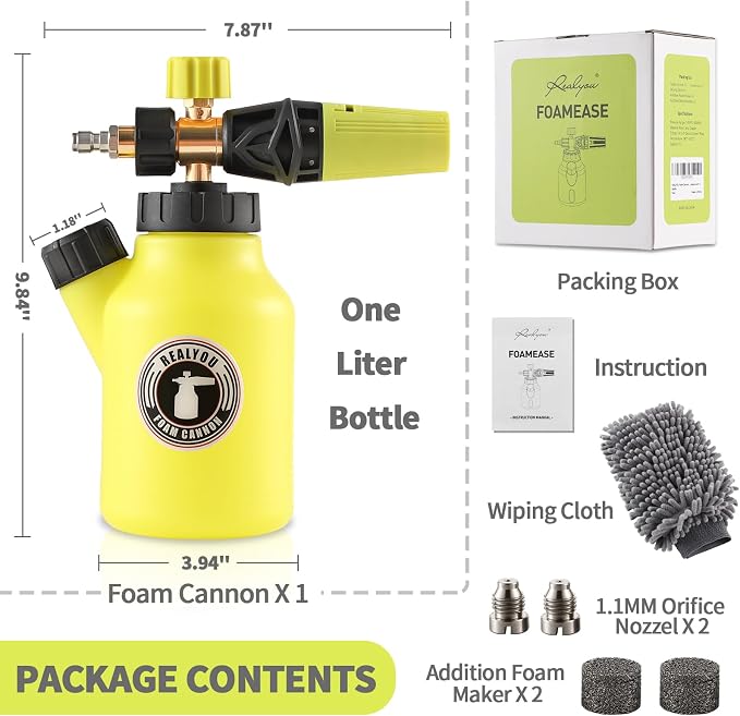 Realyou Foam Cannon for Pressure Washer up to 4500 PSI, Premium Foam Sprayer with Easy Foam Dispensing, Car Wash Sprayer with 1 Liter Bottle