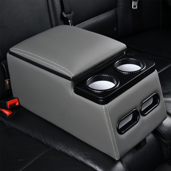 Coverado Car Center Console, Universal Bench Seat Center Consoles, Center Console for Van, Back Seat Storage Box, Rear Seat Car Console Organizer with Cup Holder, Central Armrest Box (Regular, Gray)