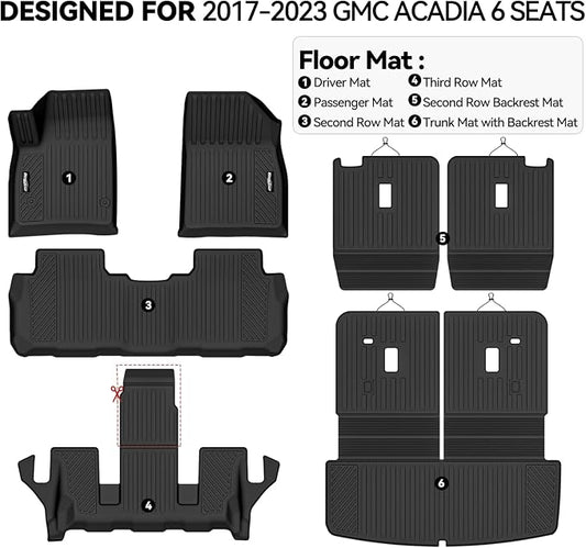 Floor Mats for 2017-2023 GMC Acadia 6 Seats with 2nd Row Bucket Seat, Trunk Mat and Backrest Mat All Weather TPE Protector for GMC Acadia Accessories