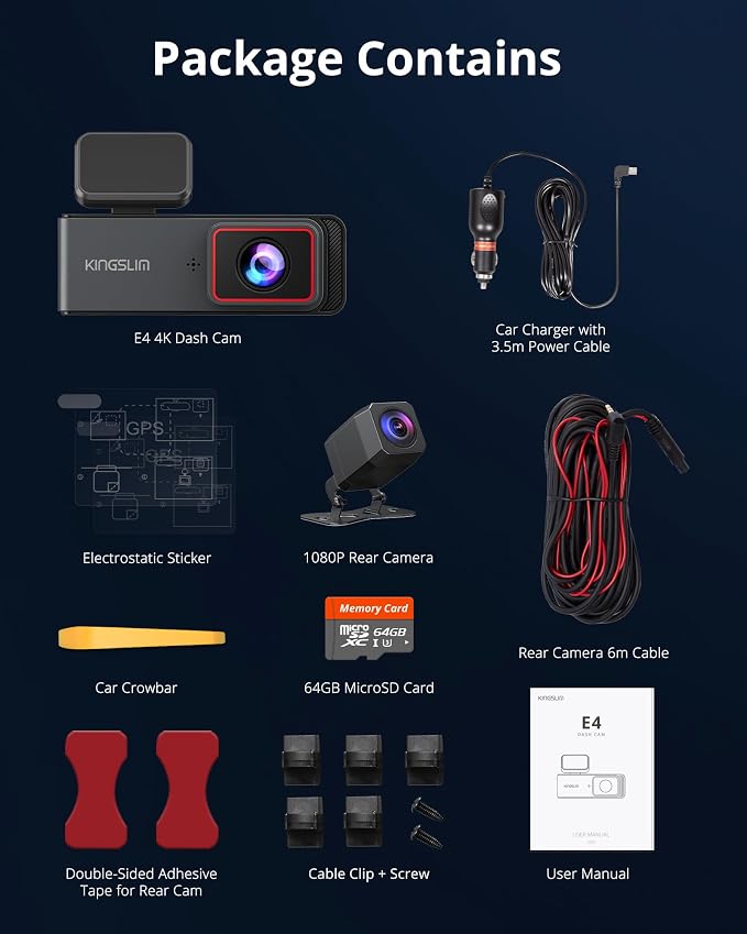 Kingslim 4K Dash Cam Front and Rear, Front 4K Rear 1080P Dual Dash Camera for Cars, Mini Dashcam with 64GB Card, APP Control, Night Vision, G-Sensor, Loop Recording, Parking Mode