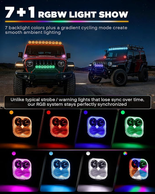 Auxbeam Color Play Series RGB Cube LED Pods, 3-Inch Spot Flood Combo Multi Color Changing Ambient Lights, RGBW 7-Color Backlight Bumper Off-Road Lights with Amber White Covers, 2-Pack