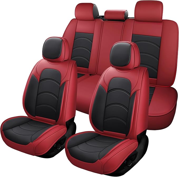 otoez Car Seat Covers Full Set, 5 Seats Waterproof Universal Leather Seat Cover for Cars, Front Rear Automotive Interior Protectors Full Coverage for Most Cars Sedens Trucks SUVs, Black+Red