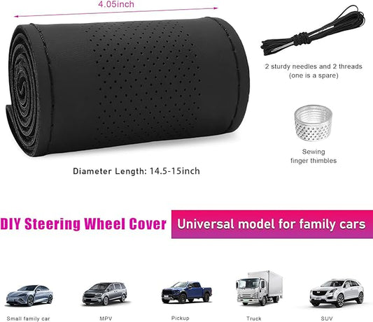 Ziciner Genuine Leather Steering Wheel Cover, Stitch on Wrap, Breathable Anti-Slip Car Steering Wheel Protector for Max Diameter 15 Inch, DIY Sewing with Needles Thread (Black, Middle Hole)