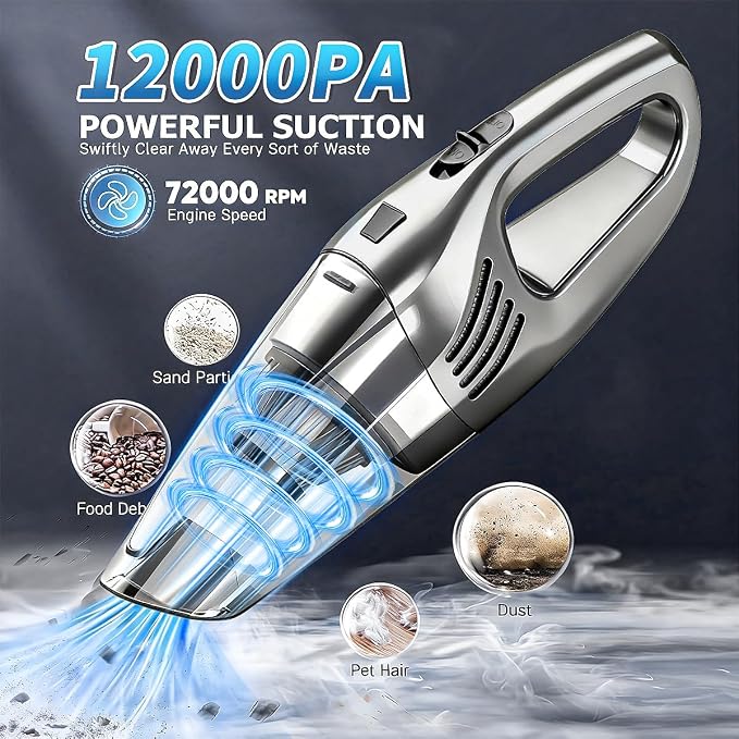 Car Vacuum Portable Cordless β 12000PA Strong Suction, Lightweight & Rechargeable β Includes Multi-Nozzle Attachments for Car, Home, Office, and Pet Hair β Compact & Powerful Grey Vacuum