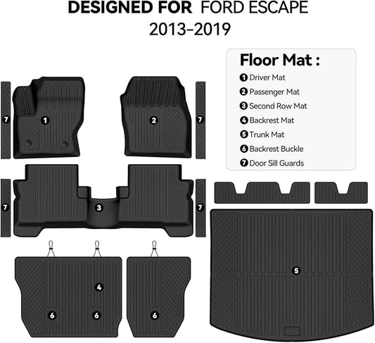 Floor Mats for Ford Escape 2013-2019, Trunk Mat and Backrest Mat & Door Sill Guard All Weather TPE Protector for Ford Escape Floor Liner Accessories