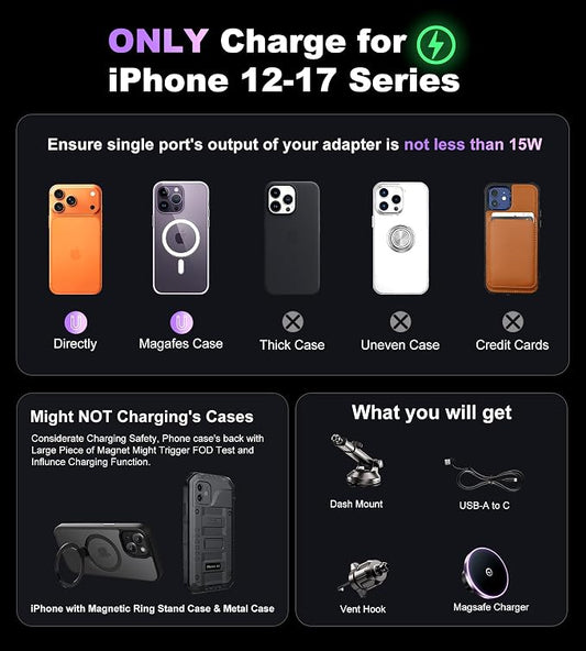 for MagSafe Car Mount Charger Dash Vent Windshield Wireless Car Charger with LED Light, Magnetic Phone Holder for Car for iPhone 17 16 15 14 13 12 Series, Fit MagSafe Accessories (Purple)