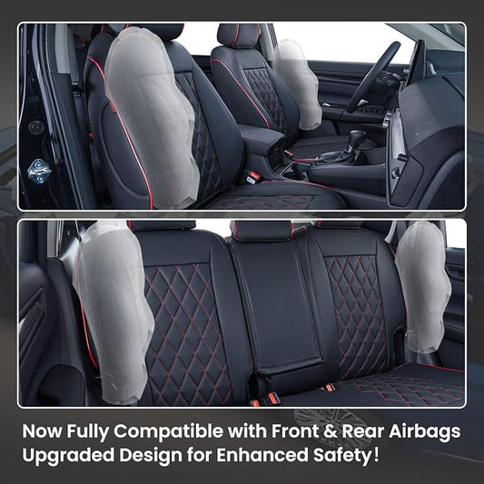 EKR CRV Seat Covers Custom Fit for Honda CRV 2023 2024 2025 2026 Leather Car Seat Cover Full Set for Trucks SUV,Waterproof Car Seat Cushion,Faux Leather (Black with Red Piping)