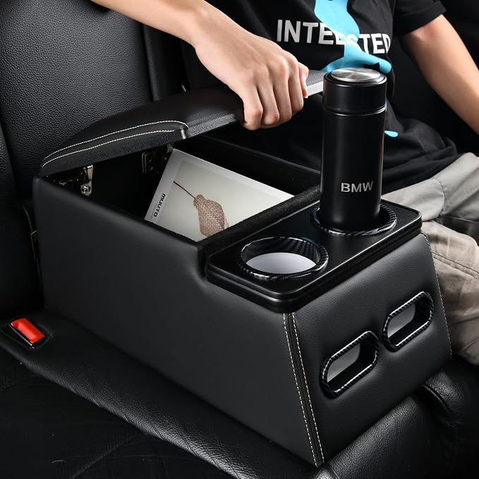 Coverado Car Center Console, Universal Rear Bench Seat Consoles, Truck Seat Organizer and Storage, Back Seat Car Organizer with Cup Holder, Central Armrest Box (Regular, Black)