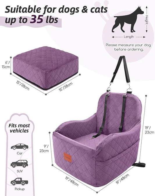 Lealchum Dog Booster Car Seat for Small/Medium Dogs,Puppy Portable Car Bed with Elevated Cushion,Fully Detachable and Washable,2 Storage Pockets,Easy to Install (Purple, Medium)