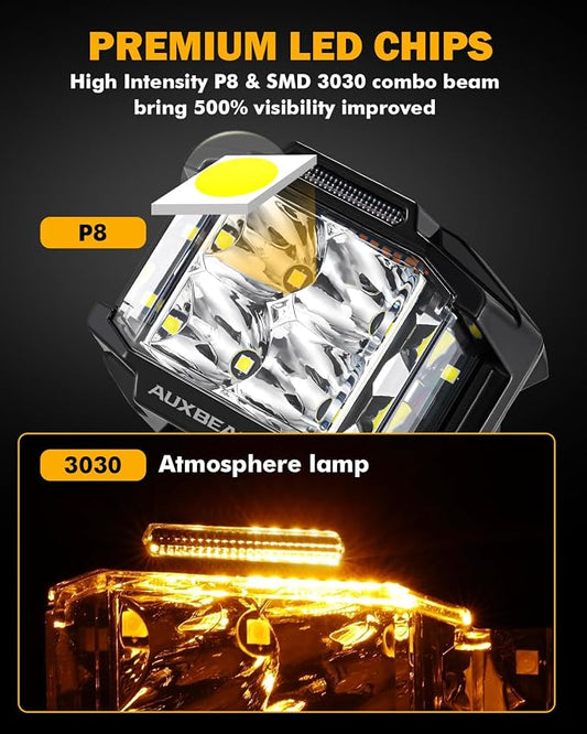 Auxbeam 4 Inch LED Pod Light, 92W V-MAX Series Square Offroad Driving with Amber DRL, 270° Spot Flood Combo Beam Side Shooter Cube Work Auxiliary Lights with Yellow Cover for Truck SUV ATV UTV