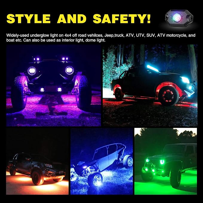 Nilight RGB LED Rock Lights Kit 8 pods Underglow Neon Multicolor with Bluetooth App Control Music Mode IP68 Exterior Wheel Well Party Lamp for ATV UTV Golf Cart Truck Boat RV
