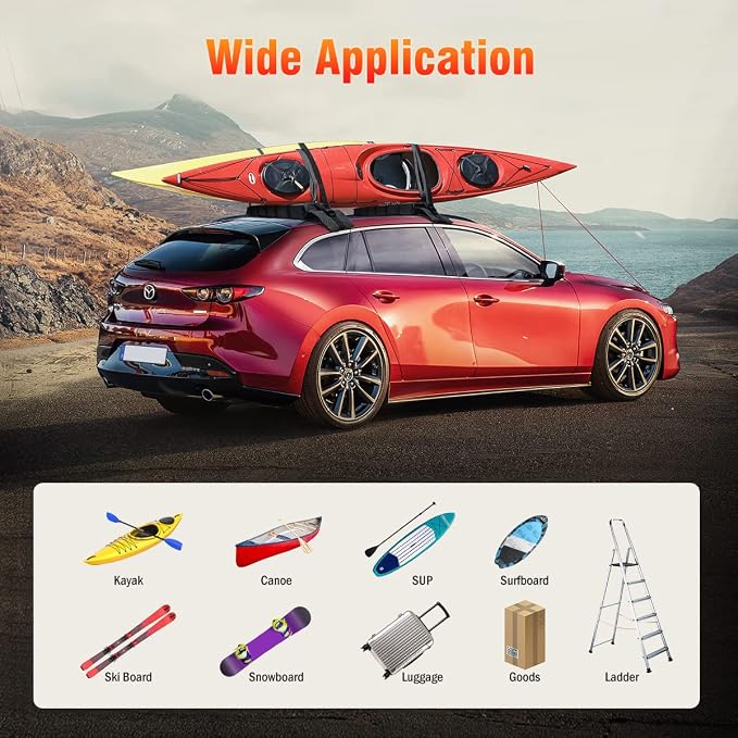 WOOWAVE Premium Kayak Roof Rack Pads Universal Soft Car Roof Rack Carrier for Canoe/Surfboard/Paddleboard/SUP/Snowboard with 6 Tie Down Straps, 2 Tie Down Rope, 2 Quick Loop Strap and Storage Bag