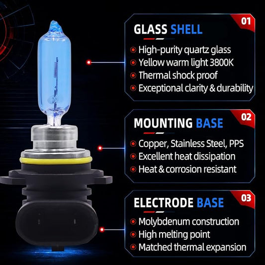 Sinoparcel 9012 HIR2 Headlight Bulb, 35% Whiter, +150% More Brightness, 3800K White Bulb for Low Beam, Hi/Lo Beam, 12V 55W, Pack of 2