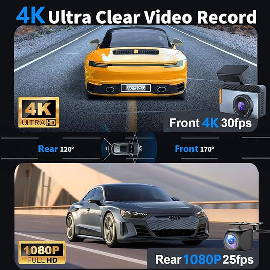 4K Dual Channel Dash Cam Front and Rear, Free 64GB Card Included, 5.8GHz WiFi Dash Camera for Cars, Built-in GPS, G-Sensor, 170°Wide Angle, 3" IPS Screen, 24H Parking Mode, Support 512GB Max