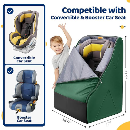 YOREPEK Carseat Bags for Air Travel, Car Seat Cover for Airplane Travel with Wear-Resistant Bottom, Large Car Seat Carrier Backpack with Side Pocket for Baby Travel Essentials, Green