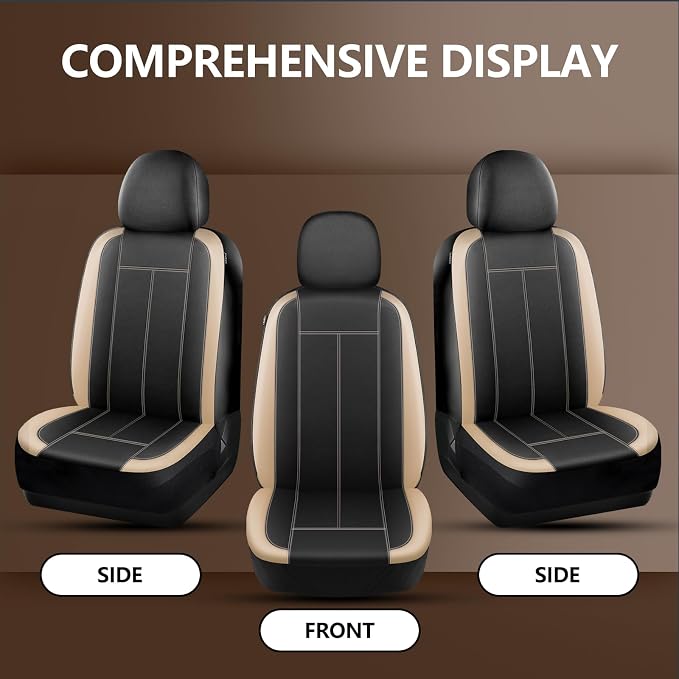 HChengkikz Car Seat Covers Front Seat, Waterproof Neoprene Seat Covers, Car Seat Cover Airbag Compatible, Universal Automotive Comfort for Most Cars, Trucks, SUVs (Black + Beige)