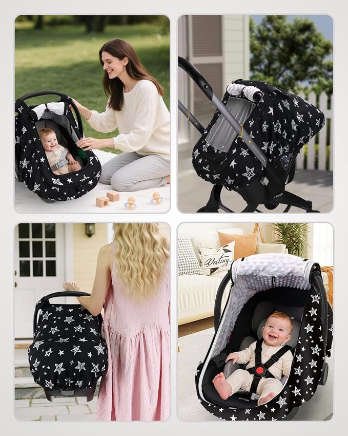 Car Seat Cover Baby Boy, Infant Car Seat Canopy Outdoor, 2 Layers with Mesh and Sun Shade Window for Summer Winter, Easy Access Carseat Covers Snug Fit Baby Stroller - Black Star