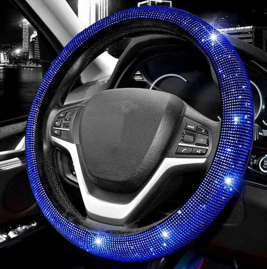 Valleycomfy Steering Wheel Cover for Women Men Bling Bling Crystal Diamond Sparkling Car SUV Wheel Protector Universal Fit 15 Inch (Black with Blue Diamond,Standard Size(14" 1/2-15" 1/4))