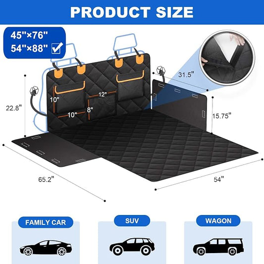 4-in-1 SUV Cargo Liner for Dogs, Non-Slip Water Resistant Pet Trunk Mat with Side Flaps Protector & Back Seat Organizer, Dog Backseat Cover for SUVs Vans๏ผ54" W x 88" L๏ผ