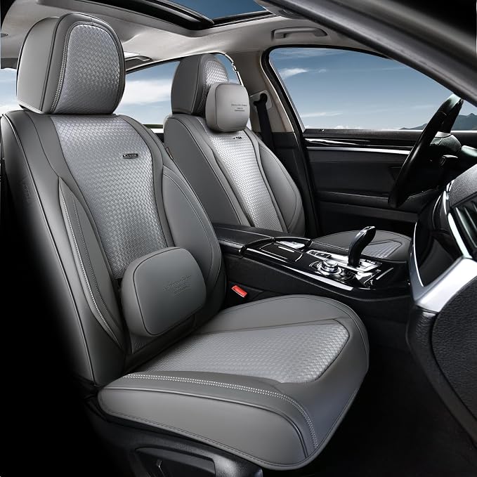 Coverado Car Seat Covers Full Set, Gray Seat Covers for Cars, Waterproof Nappa Leather Automotive Seat Covers with Lumbar Head Pillow, Car Seat Protectors, Universal Fit for Most Cars SUV