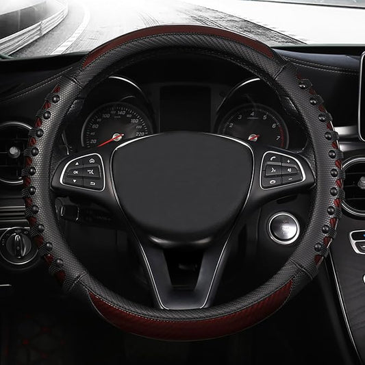 3D Massage Car Steering Wheel Cover,14.5-15 Inch Universal Brown Carbon Fibre Leather Covers Breathable Anti-Slip Odorless Steering Wheels Accessories for Men Women
