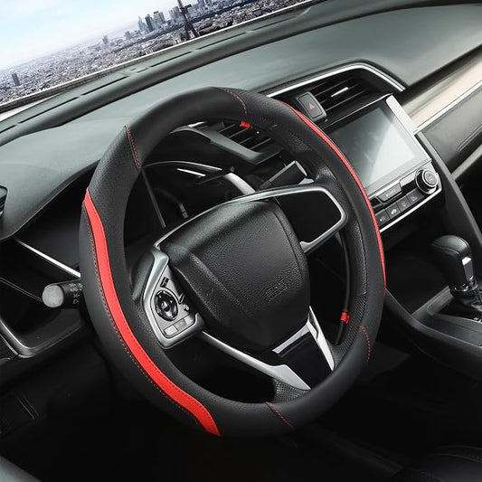 Car Steering Wheel Cover, Leather Steering Wheel Cover Red Universal 14.5-15 Inch Microfiber Leather Anti-Slip Breathable Auto Steering Wheel Covers for Men Women (Black&Red)