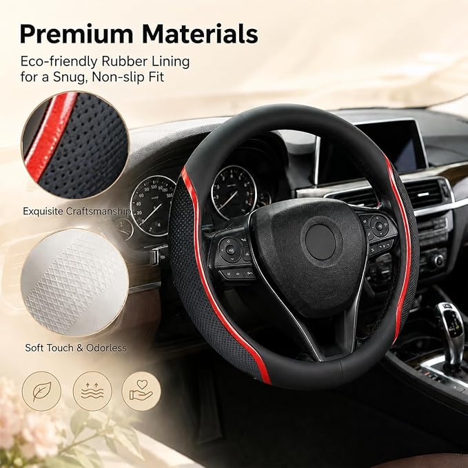Steering Wheel Cover Black Red, Carbon Fiber Car Steering Wheel Covers with Coasters Universal 14.5-15 inch Leather Microfiber Breathable Anti-Slip Steering Wheel Accessories Set