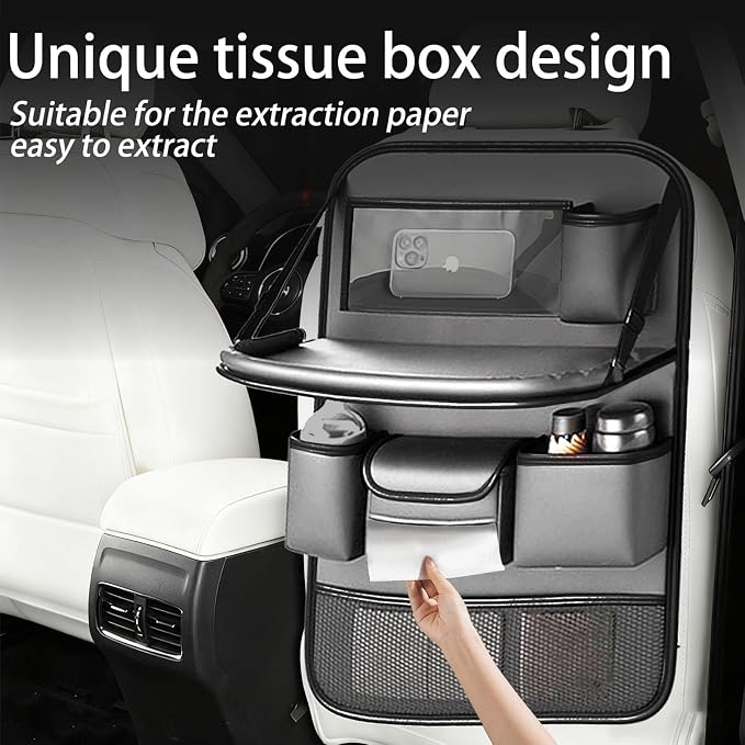 2 Pack Leather Car Backseat Organizer with Foldable Table Tray, Universal Car Seat Back Protector Kick Mat with Touchscreen Tablet Holder, Storage Pockets, Cup Holders & Tissue Holder, Black