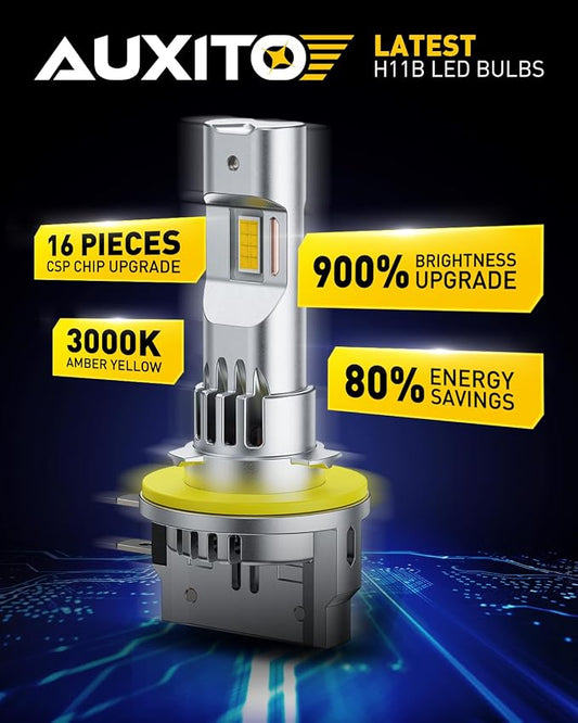 AUXITO Upgraded H11B Bulb - 900% Brighter 3000K Amber Yellow Light, Direct Fit Mini Size, Hassle-Free Plug & Play, Extended Lifespan, Flicker-Free Operation, Pack of 2