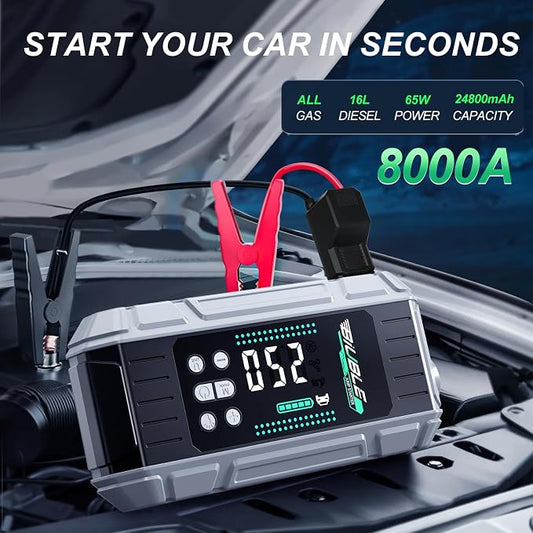 8000A Jump Starter with Air Inflator/Deflator Compressor, 65W Charging Car Battery Jump Starter (All Gas/16L Diesel), 24800mAh 150PSI Battery Jumper Starter Portable, Jump Box Jump Pack with LED Light