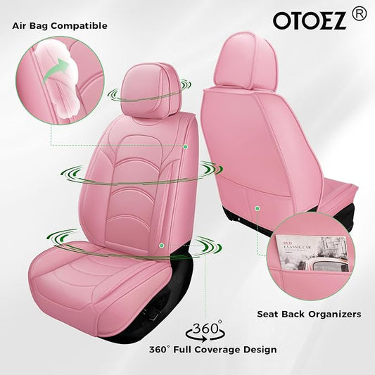otoez Car Seat Covers Full Set, 5 Seats Waterproof Universal Leather Seat Cover for Cars, Front Rear Automotive Interior Protectors Full Coverage for Most Cars Sedens Trucks SUVs, Pink