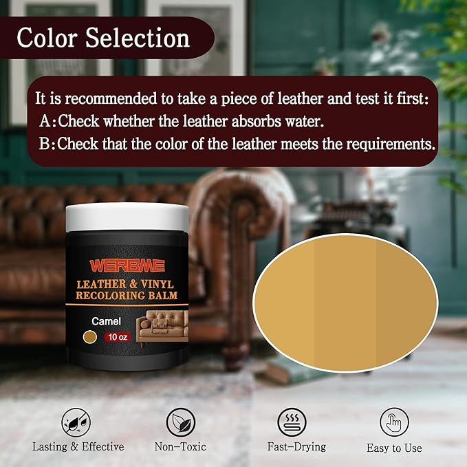 Leather Recoloring Balm & Color Restorer - 10OZ Multipurpose Dye & Paint for Faded Leather Couches, Car Seats, Shoes | Fix Scratches on Clothing, Furniture & Accessories(Camel)