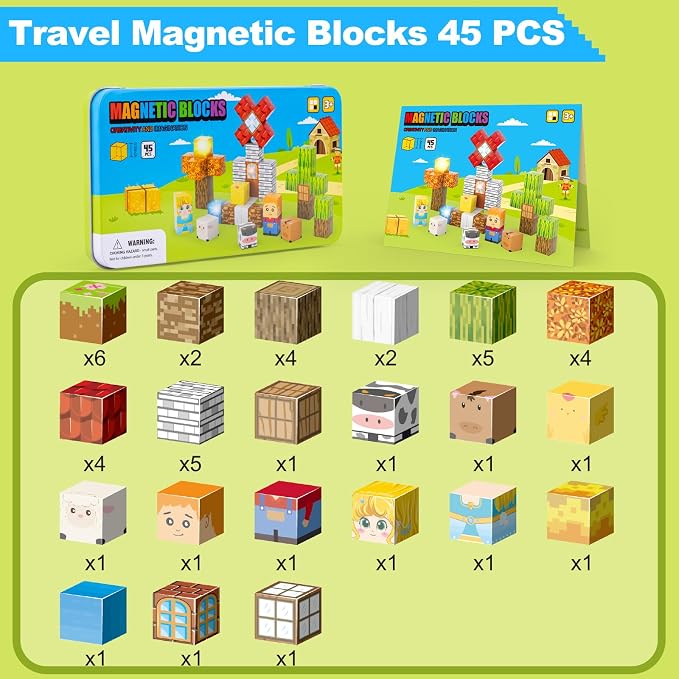 Aywewii Magnetic Blocks 45 PCS Travel Toys for Kids Ages 3-5, Toddler Magnetic Building Cubes STEM Learning Set with Iron Case - Portable Building Toys Gift for Boys and Girls (Farm Edition 1)