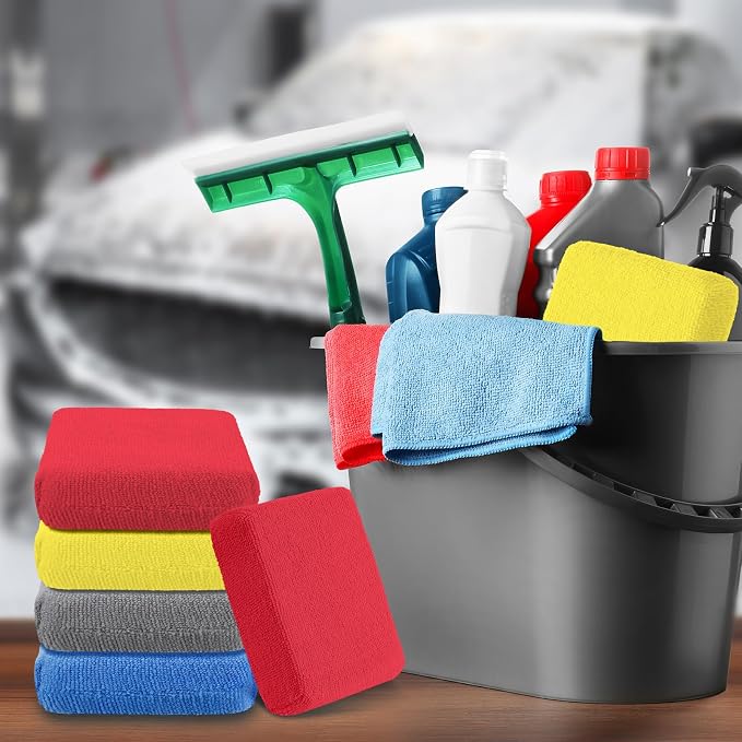 Riakrum 32 Pcs Microfiber Applicator Pads Soft Microfiber Foam Buffing Car Detailing Pads for Wax Ceramic Coating Polish Reusable Car Wash Sponge Tire Shine Applicator(Yellow,Grey,Blue,red)