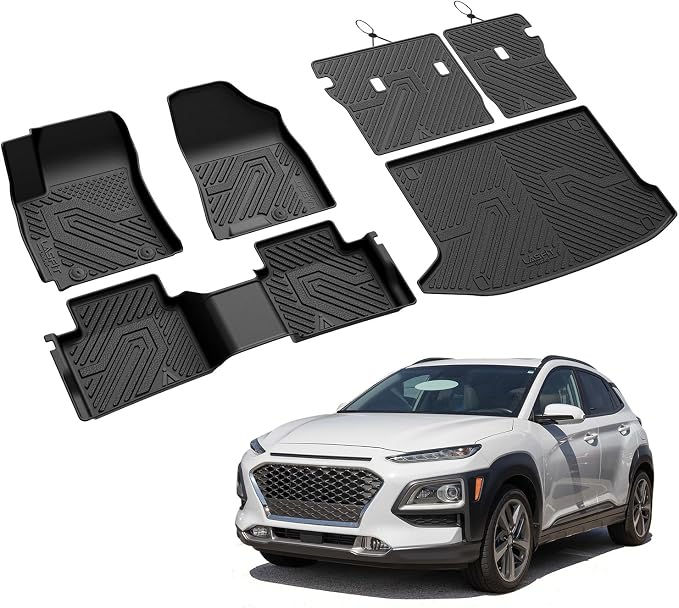 LASFIT Floor Mats & Backrest Mats & Cargo Mat for Hyundai Kona Gas 2018-2023 /Kona N 2023 2022 (Not Fit EV), All Weather TPE Custom Fit Floor Liners Car Mats & Trunk Mats Accessories, Black