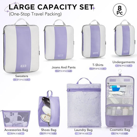OlarHike 8 Set Compression Packing Cubes for Travel Essentials,Compressible Expandable Space Saver Bags for Organizing Clothes,Luggage Suitcase Garment Bags with Over 1000 pcs Mesh Holes(Purple Gray)