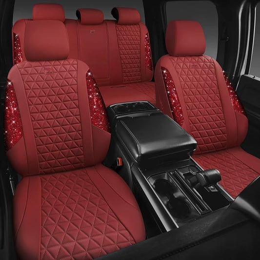 CAR PASS Bling Diamond Burgundy Leather Car Seat Covers Full Sets Interior Sets, Waterproof Shining Glitter Sparkly Crystal Universal Armrest Fit Automotive Truck SUV Cute Women Girl, Red Rhinestone