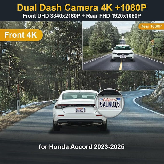 Fitcamx Front 2160P+Rear 1080P Dash Cam for Honda Accord 2023-2025 Hybrid EX LX Sport Touring EX-L (Gen11), OEM Style, Dual HD Video, Loop Recording, WiFi & APP, G-Sensor, Easy to Set, 128GB Card