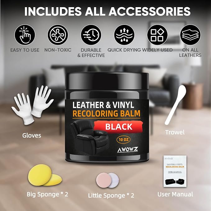 Leather Recoloring Balm - Scratch Repair & Color Restore Kit for Faded Leather, Leather Couch & Car Seats - 10OZ Leather Restorer Balm for Furniture, Auto Interior, Vinyl, Accessories (Black)