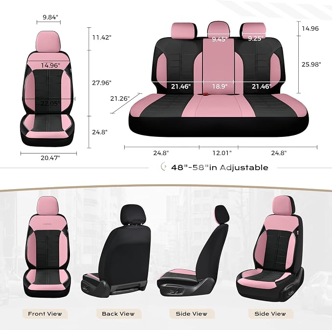 Coverado Front and Back Seat Covers for Cars Leather Car Seat Cover Full Set 5 Seats Waterproof Seat Protector Automotive Seat Covers Universal Fit for Most Cars SUV Trucks, Pink&Black