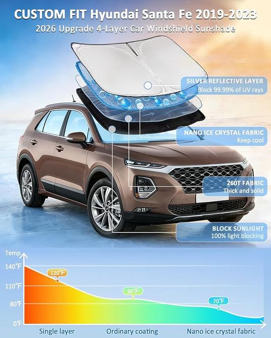for Hyundai Santa Fe 2019-2023 Windshield Sun Shade - 4 Layers Car Sunshades for Front Windows Shade Cover Custom Fit Santa Fe Sun Visor 250T Retractable Shade Blocks UV Rays Car Accessories