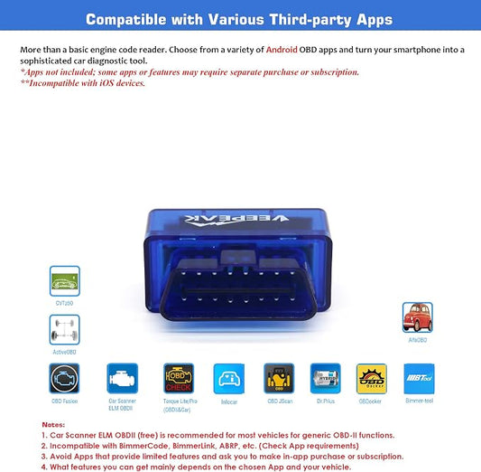Veepeak Mini Bluetooth OBD2 Scanner Code Reader for Android (NOT for iOS) | Incompatible with iPhone or iPad. Check engine light diagnostics & live data for Android. Supports Torque & Car Scanner App.