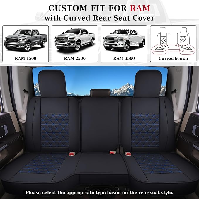 Coverado Ram Seat Covers Full Set, Waterproof Ram 1500 Seat Cover Compatible with 2002-2026 Dodge RAM 1500 2500 3500 Crew Quad Cab with Curved Bench, Black&Blue line