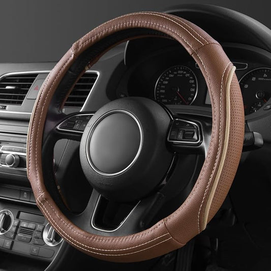 CAR PASS Brown Delux Leather Steering Wheel Cover, Universal Fit for Suvs,Sedans,Vans,Small Trucks for 14.5" to 15"(Brown & Beige Piping)