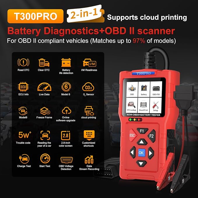 TopDiag T300PRO Car Code Reader & 12V/24V Battery Tester, Automotive Scan Tool for Check Engine Light, Live Data, and Car Battery Health Analyzer for DIYer